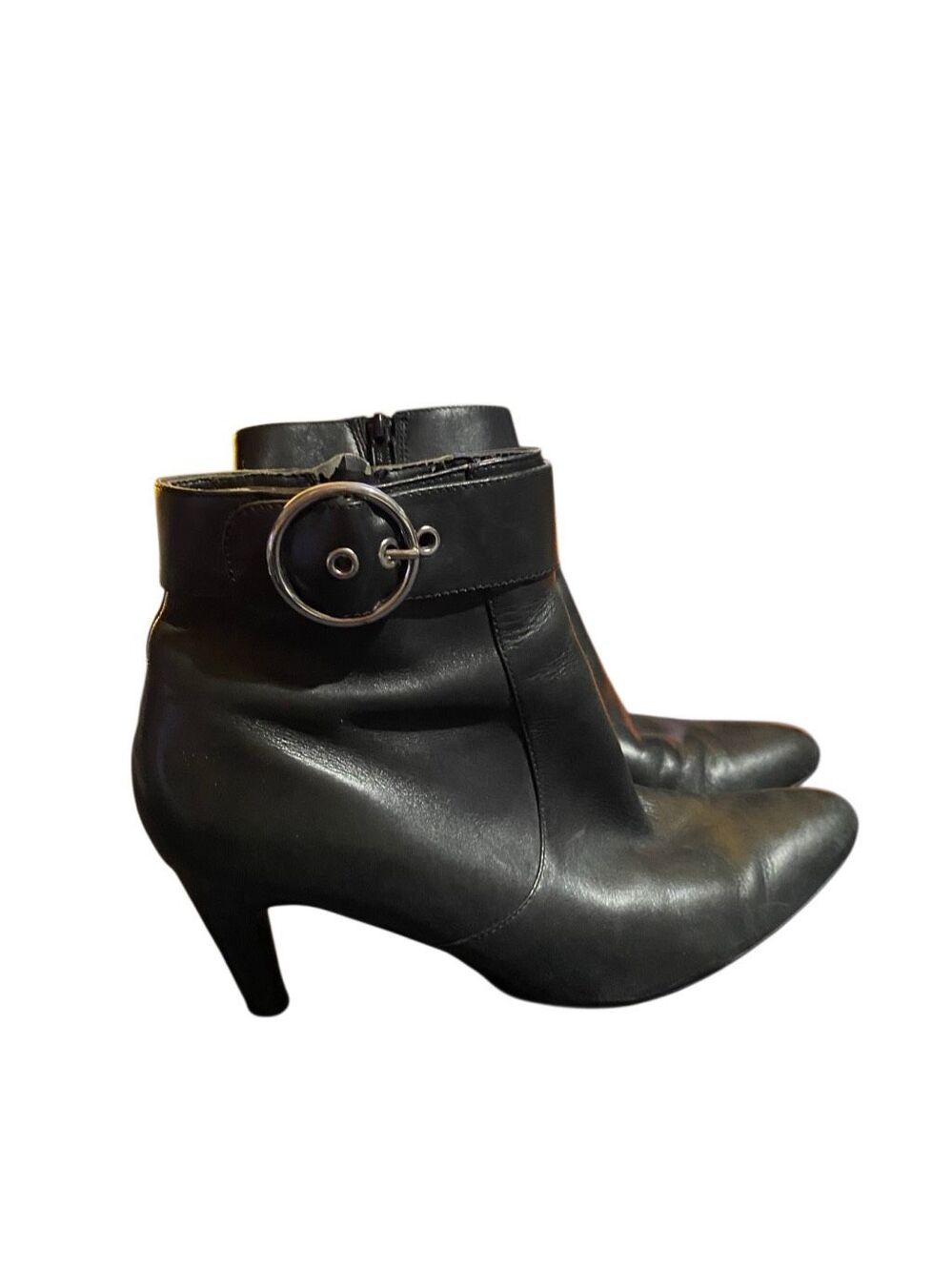 Ecco women’s black heel booty leather buckle, trim boot 9